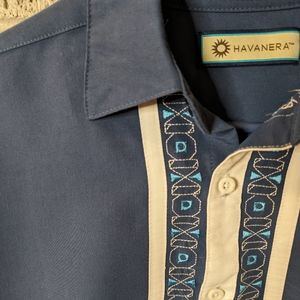 Havanera Blue Shirt with white panels and contrasting embroidery